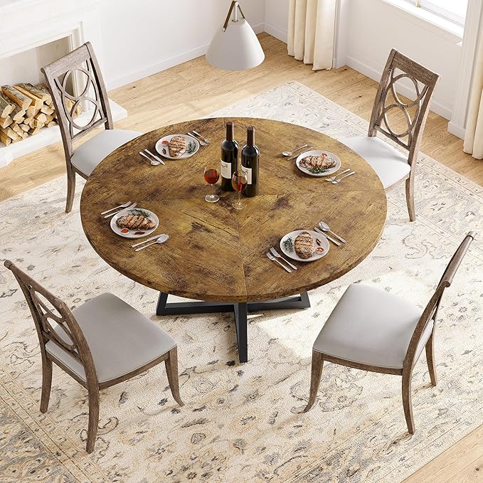 GAOMON Industrial Round Dining Table, 47 Inch Round Kitchen Table for 4, Dinner Table with Wooden Top and Metal Base for Dining Room, Living Room (New Rustic Brown, 47.2 in No Storage)