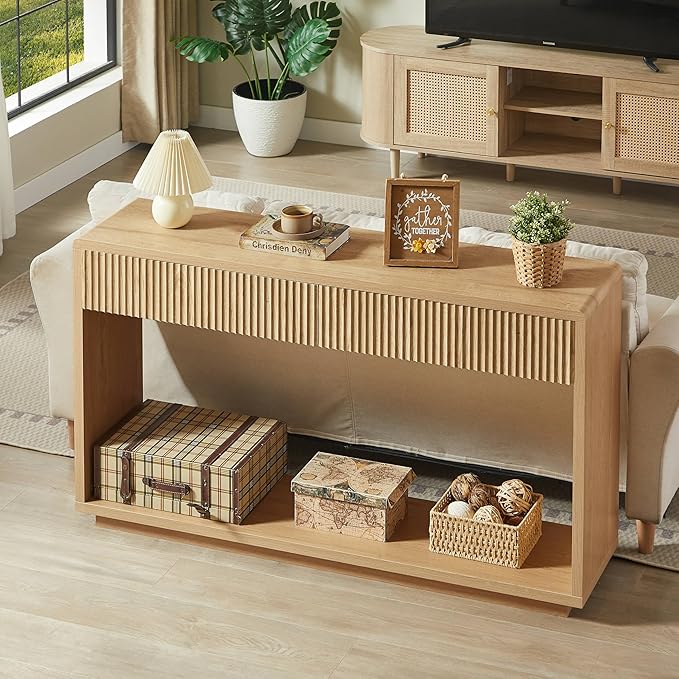 59" Rustic Flute Console Table with 2 Drawers, Modern Farmhouse Entrance Table, Sofa Table for Behind Sofa, Hallway Table with Storage Compartment, Suitable for Hallway and Living Room,Qak