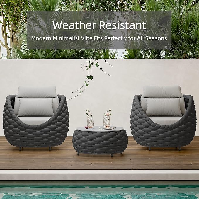 Round Coffee Table for Indoor & Outdoor Use, Aluminum Patio Furniture with Handwoven Ropes, Weather-Resistant for Garden, Terrace & Poolside (Black)