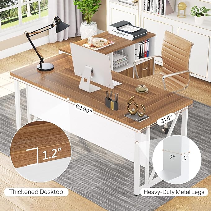 Tribesigns 63 inches Executive Desk and 47" lateral File Cabinet, L-Shaped Computer Desk Home Office Furniture Set with Drawers and Storage Shelves, Office Table with Cabinet (Walnut+White, 63)