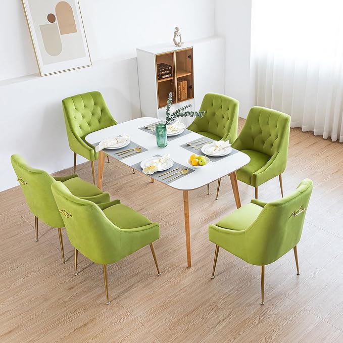 Modern Dining Chair Set of 2, Mid-Century Room Chair, Upholstered Comfortable Velvet with Back Pull Rod and Metal Legs for Kitchen, Living (Yellow-Green), (DYXSD)