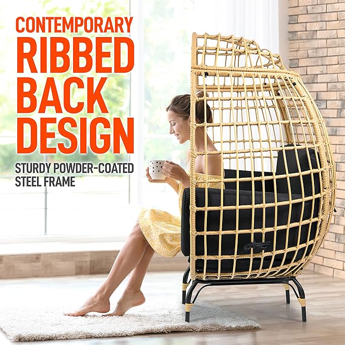 SereneLife Black Wicker Rattan Egg Chair for Indoor and Outdoor Use - Comfy Sofa Chair with 4 Washable Cushions, Durable Powder-Coated Steel Frame, Stylish Ribbed Back, Supports up to 440lbs