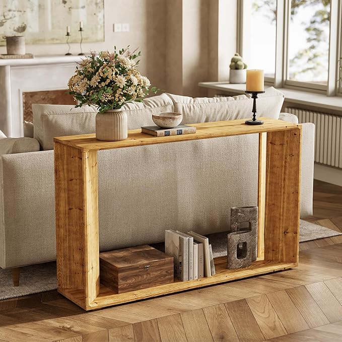 2-Tier Solid Wood Console Table for Living Room, 55" Farmhouse Entryway Table Indoor for Foyer, Hallway (Brown)