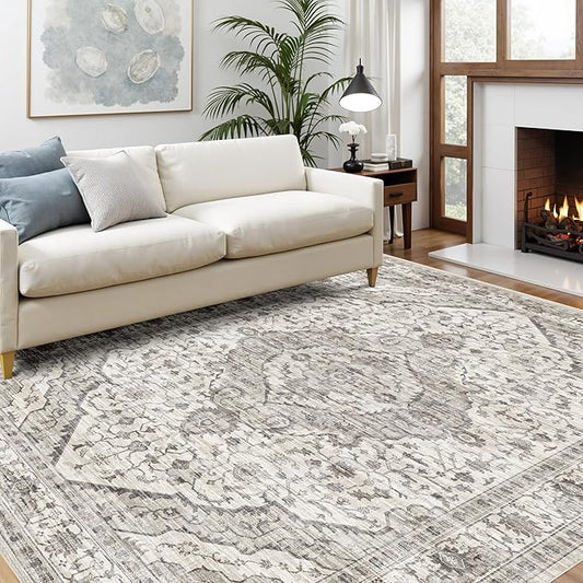Deerly Area Rug 3x5 Rugs with Non-Slip Backing, Washable 3x5 Rugs for Bedroom Living Room Kitchen Hallway, Distressed Carpet Printed Low-Pile Soft Dorm Rug (Border Cream)