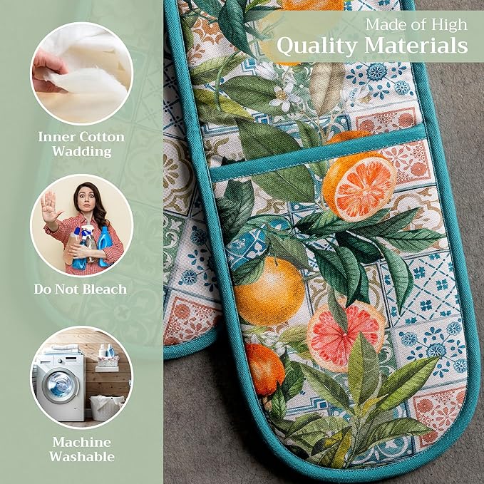 Maison d' Hermine Double Oven Mitts 100% Cotton 7"x35" Double Oven Mitt Heat Resistant BBQ Cooking Gloves with Loop, Baking, Grilling, Home, Kitchen, Handling Hot Pans Spring Summer (Agrume)