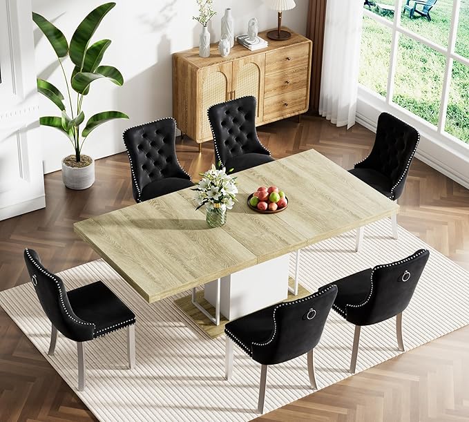 Goujxcy 78.7" Farmhouse Extendable Dining Room Table Set for 6, 7-Piece Rectangle Kitchen Dining Room Table Set with Wood Base and 6 Black Velvet Dining Chairs, Extending Kitchen & Dining Table Set