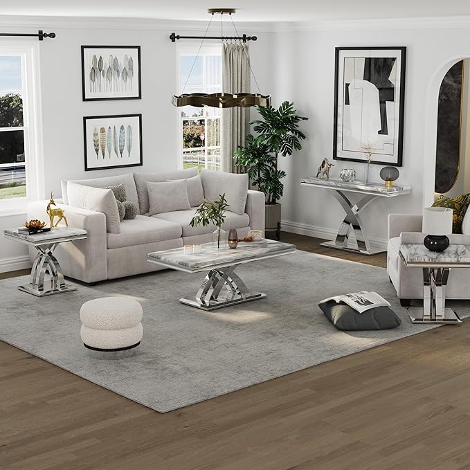 AUZ 2 Pieces Silver Living Room Table Set, Coffee Table and Console Table with X-Shape Design Polished Stainless Steel Frame