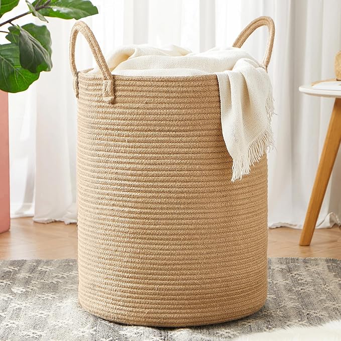 62L Jute Woven Hamper Laundry Basket Wicker Rope Clothes Hamper for Baby Nursery Kids Tall Rattan Blanket Basket in Living Room Bedroom