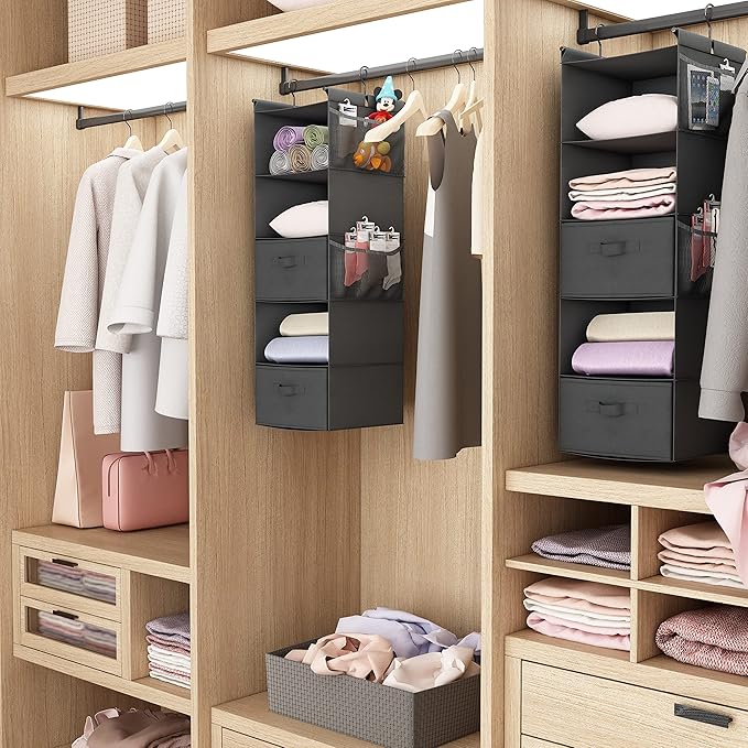 MAX Houser 5 Tier Shelf Hanging Closet Organizer, Cloth Hanging Shelf with 2 Sturdy Hooks for Storage, Foldable (Grey-D2)