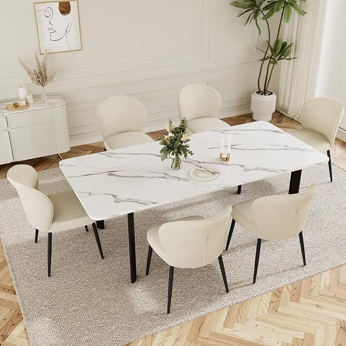 Dining Chairs Set of 2, Modern Fabric Dining Room Chairs with Curved Backrest Well-Padded Seat, Upholstered Kitchen Chairs for Living Dining Room, White