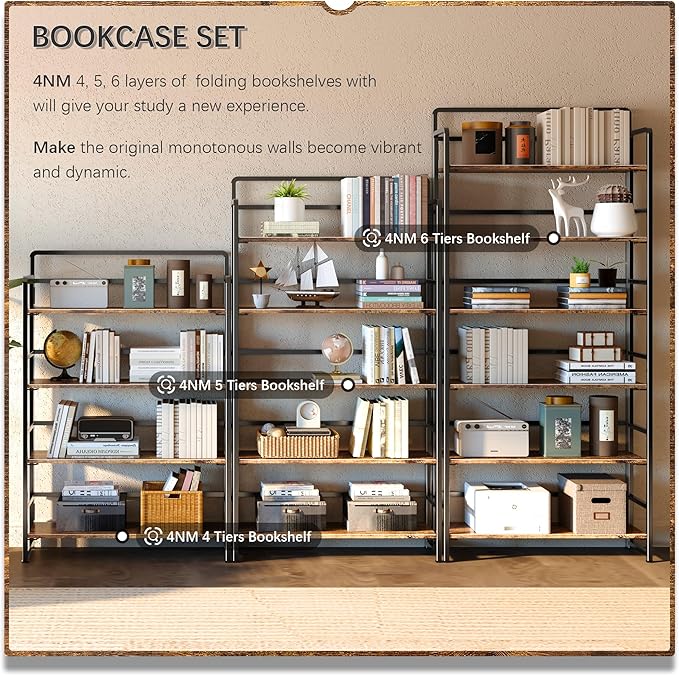 4NM No Assembly Extra Wide 5 Tiers Folding Bookshelf Storage Shelves Vintage Bookcase Standing Racks Study Organizer Home Office (Rustic Brown Black)