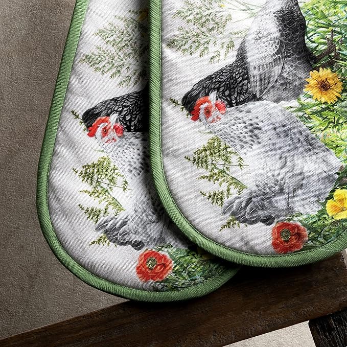 Maison d' Hermine Double Oven Mitts 100% Cotton 7"x35" Double Oven Mitt Heat Resistant BBQ Cooking Gloves with Loop, Baking, Grilling, Home, Kitchen, Handling Hot Pans Spring Summer (Basse Cour)