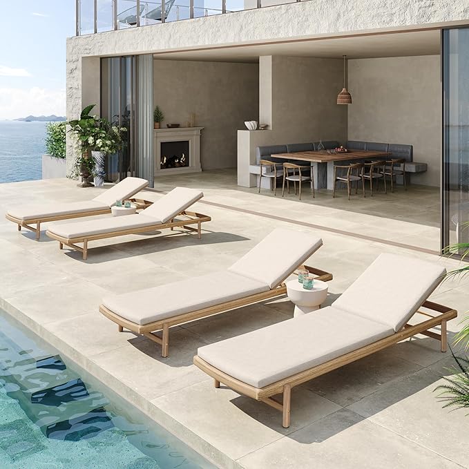 Christopher Knight Home Brolen Acacia Wood Chaise Lounge Chair Outdoor Set of 4, Patio Outdoor Chaise Lounge with Cushions, Adjustable Backrest Lounge Sofa, Wooden Sunbathing Pool Lounger, Teak+Beige