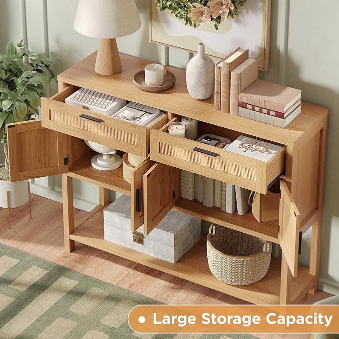 Maupvit Entryway Console Table with Large Storage Space, Sofa Table with Rattan Cabinet Doors, Buffet Table for Living Room, Hallway, Foyer Furniture for Home Decor, Nature Wood Color
