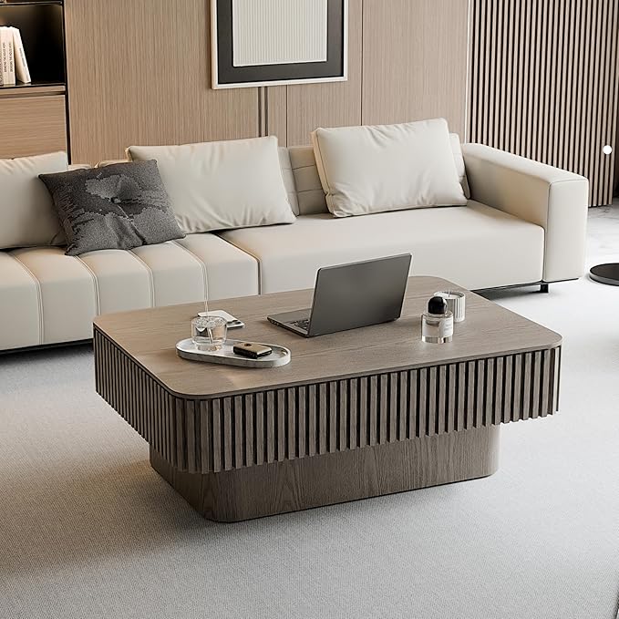 38.6" Lift Top Coffee Table with Storage, Fluted Coffee Table with Solid Wood Veneered, Mid Century Modern Wooden Center Table, Accent Tea Table for Living Room Apartment, Grey