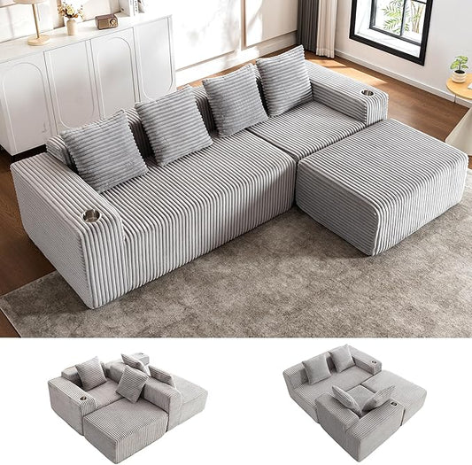 106" Modular Sectional Sofa, Modern Cloud L-Shape Couch with Ottoman Chaise, Comfy Deep Seat Chenille Boneless Couches for Living Room, No Assembly Required, Light Grey