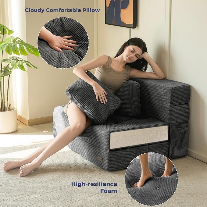 MAXYOYO Convertible Sofa Bed, Fold Out Loveseat Sleeper Sofa with Pillow, 4 in 1 Tufted Folding Couch Bed Foam Floor Couch, Lazy Chair for Living Room Bedroom Guest Room, Dark Grey