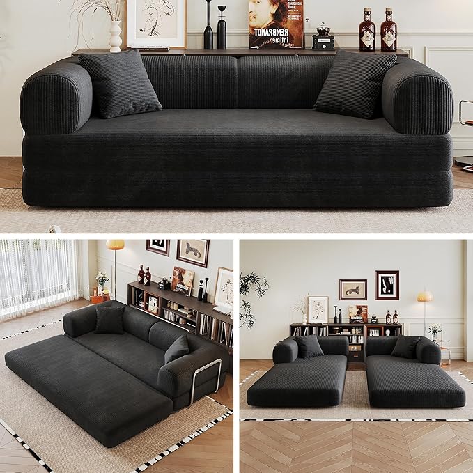 Boneless Couch Sectional Sofa,Convertible Sofa Bed with Sleeper Sofa,Futon Floor Couch Folding Sofas for Living Room,Bedroom,Apartment (Black, 78.8''W)