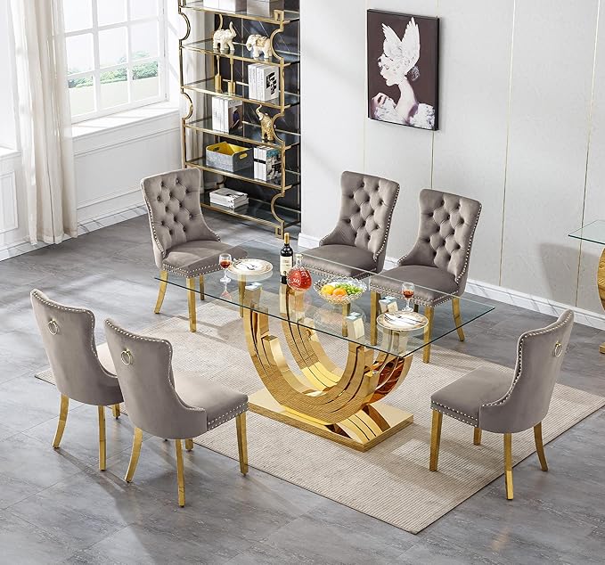 7 Piece Dining Table Set with 6 Grey Dining Chairs, Modern Glass Kitchen Table and Chairs Set for 6, 70" Rectangle Gold Glass Pedestal Dining Room Tables with Ring-Shape Stainless Steel Base