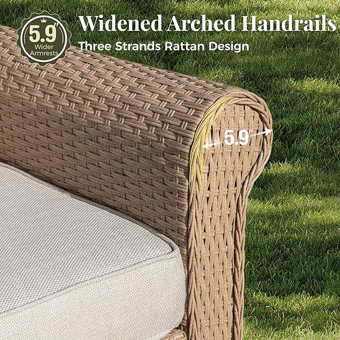 Patio Furniture Set 5 pcs, Wicker Outdoor Patio Furniture, 3-Seat Sofa, 2 Single Chairs and 2 Ottomans, Rattan Patio Conversation Set for Backyard Deck, Beige