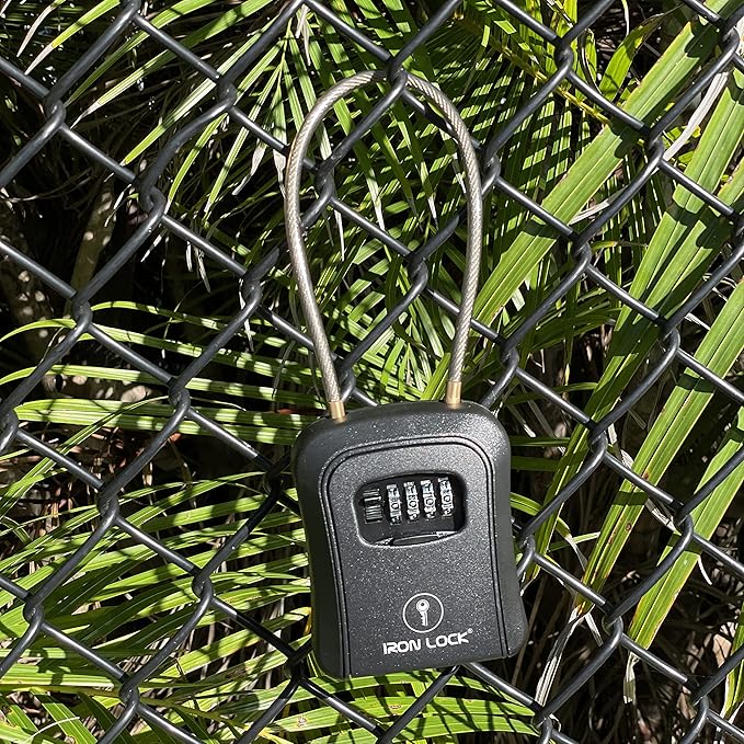 Iron Lock® Key Lock Box Portable with Cable Shackle & Wall Mount – Waterproof Metal Lock Box for Keys with 4-Digit Combination & Resettable Code – Indoor/Outdoor Key Safe (Black, Medium)