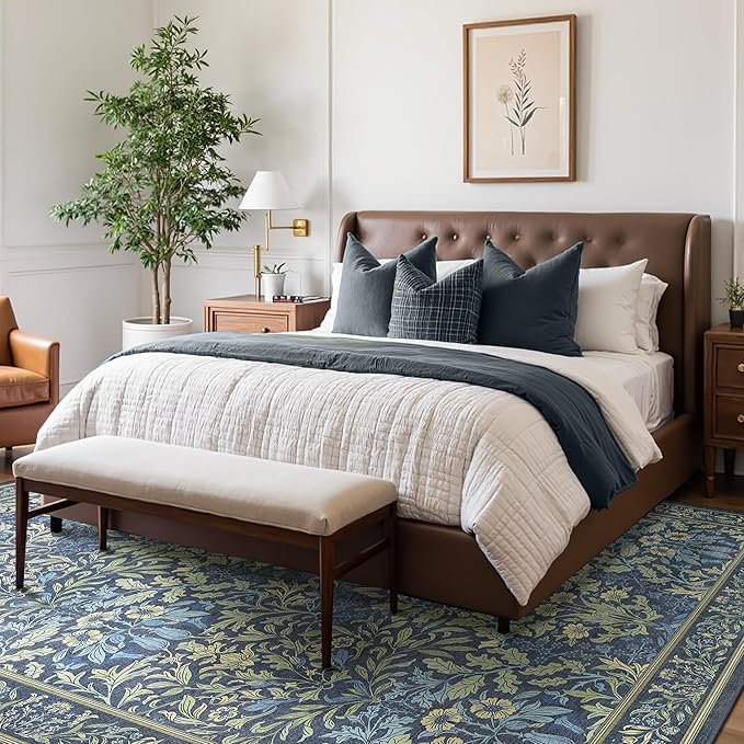 GENIMO 6x9 Washable Area Rug, Non-Slip Vintage Boho Floral Carpet, Soft Low-Pile Thin Living Room Rug for Bedroom, Dining Room, Nursery, Dark Blue