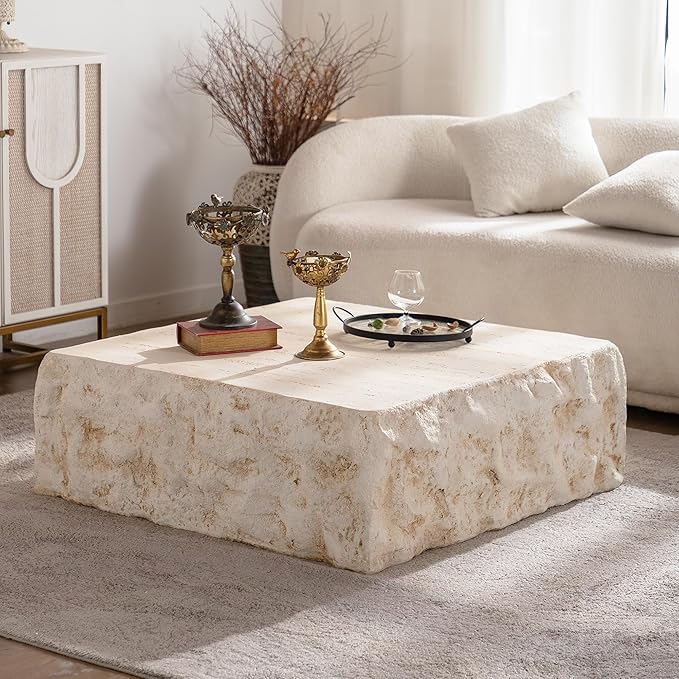 35.43" MgO Square Centre Coffee Table Vintage Faux Stone Sofa Pre-Modern Coffee Tables for Living Room Office Apartment,Amber