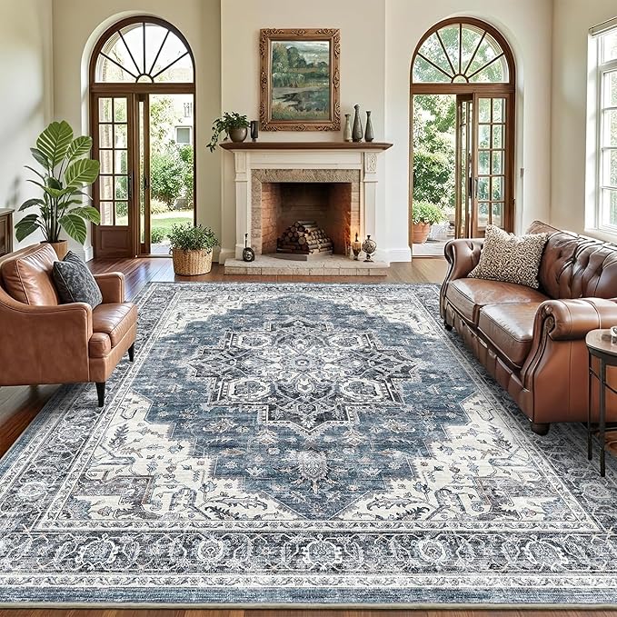 8x10 Area Rugs for Living Room Ultra-Soft Washable Rug Vintage Distressed Boho Area Rug, Non-Slip Low Pile Stain Resistant Carpet for Bedroom Dining Room Kitchen Office