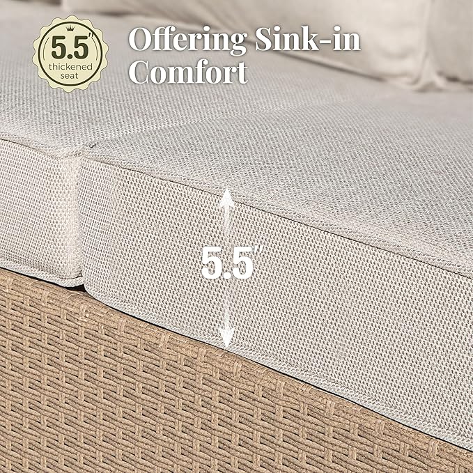 Patio Furniture Set 5 pcs, Wicker Outdoor Patio Furniture, 3-Seat Sofa, 2 Single Chairs and 2 Ottomans, Rattan Patio Conversation Set for Backyard Deck, Beige