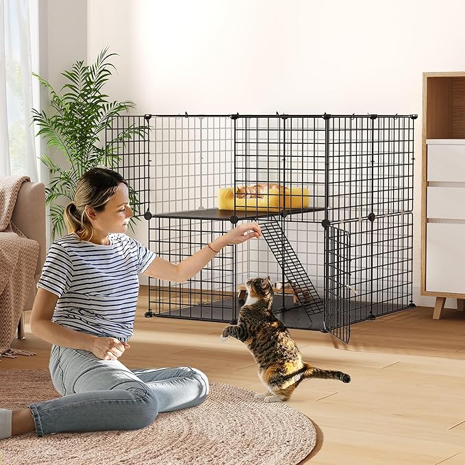 YITAHOME 2-Tier Cat Cage Indoor Outdoor: 28" L x 28" W x 28" H DIY Cat Enclosures Kitten Cage Pet Playpen Metal Kennel for 1-2 Cats Small Animals Ferret Kitty Squirrel
