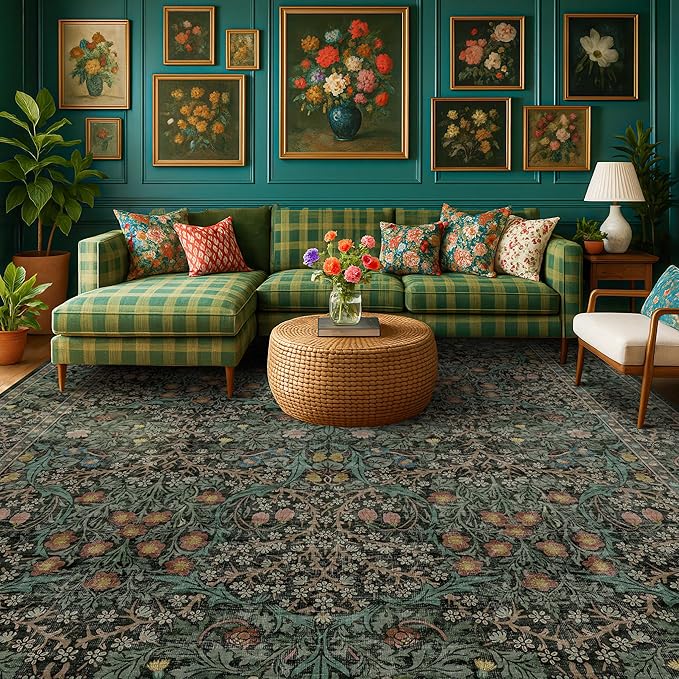 Washable Dark Green 10x12 Rug for Living Room - Extra Large Area Rugs for Dining Room Under Table, Bedroom, Soft Low Pile Non Slip Stain Resistant Carpet - Vintage Floral Design Non-Slip