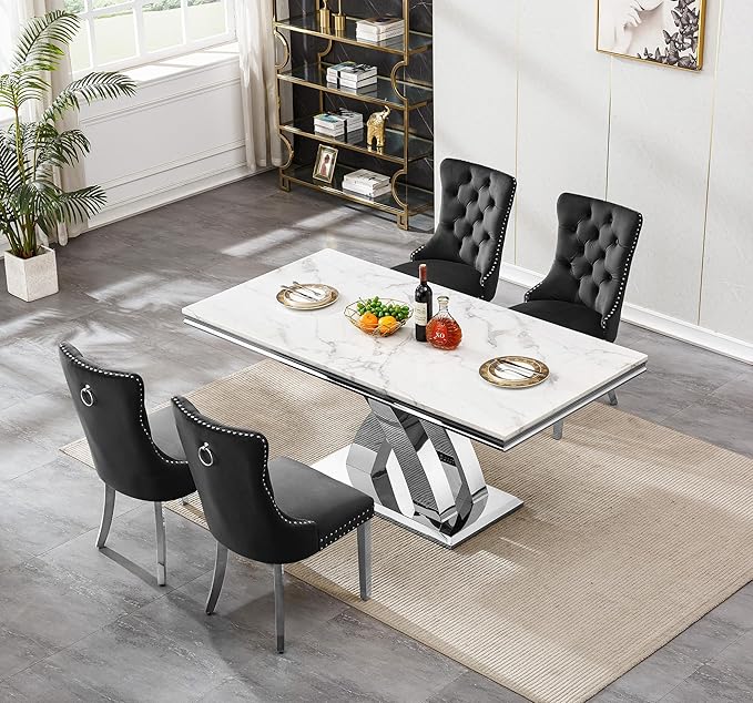 Modern White Marble Dining Table Set for 4,5-Piece Kitchen Table and Chairs for 4,Luxury Silver Dining Room Table Set w/68" Rectangle Dinner Table & 4 Black Velvet Chairs for Kitchen Dining Room