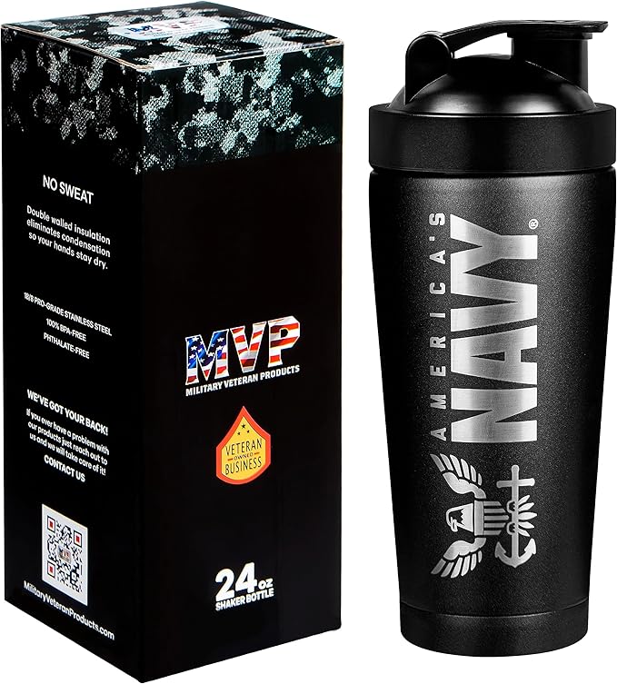 Military Gift Shop 24oz Navy Insulated Shaker Bottle with Engraved Logo–24oz Water Bottle–Cup for Protein Shakes | (Navy) Shaker