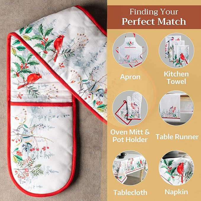 Maison d' Hermine Double Oven Mitt (7" x 35") 100% Cotton Heat Resistant BBQ Cooking Gloves with Loop for Thanksgiving Christmas Decorations Baking Cooking Barbeque Handling Hot Pan (Morzine)