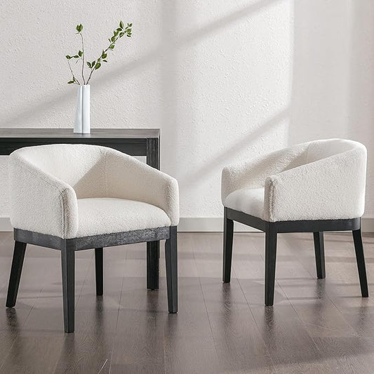 White Dining Chairs Set of 2 Mid-Century Modern Dining Chairs Sherpa Upholstered Kitchen Dining Room Chairs, Curved Backrest Dining Chair with Black Wood Legs