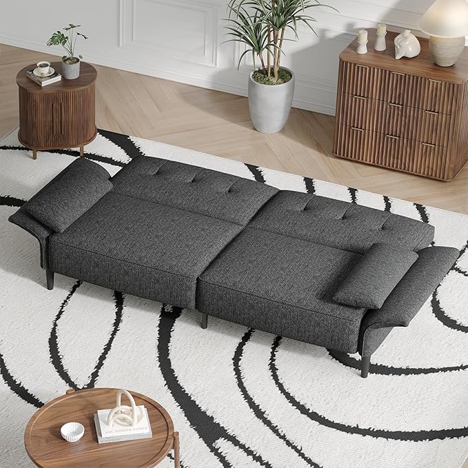 89” Futon Sofa Bed,Comfy Futon Couch Bed with 2 Square Pillows,Convertible Sleeper Sofa with Adjustable Backrest& Armrests, Modern Loveseat Sleeper for Living Room, Bedroom, Linen Dark Gray