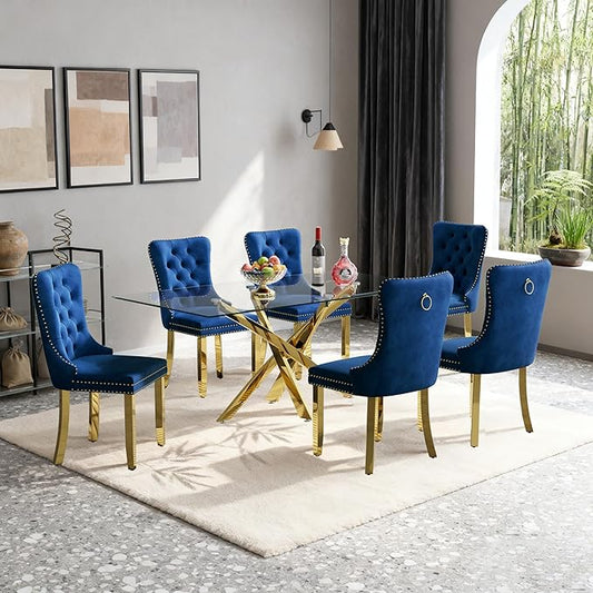 Goujxcy 51" Glass Dining Table Set for 6, Modern Kitchen Table and Chairs Set w/Steel Legs, 7-Piece Dining Table Set w/Glass Gold Dining Table and 6 Blue Velvet Chairs for Kitchen Dining Room