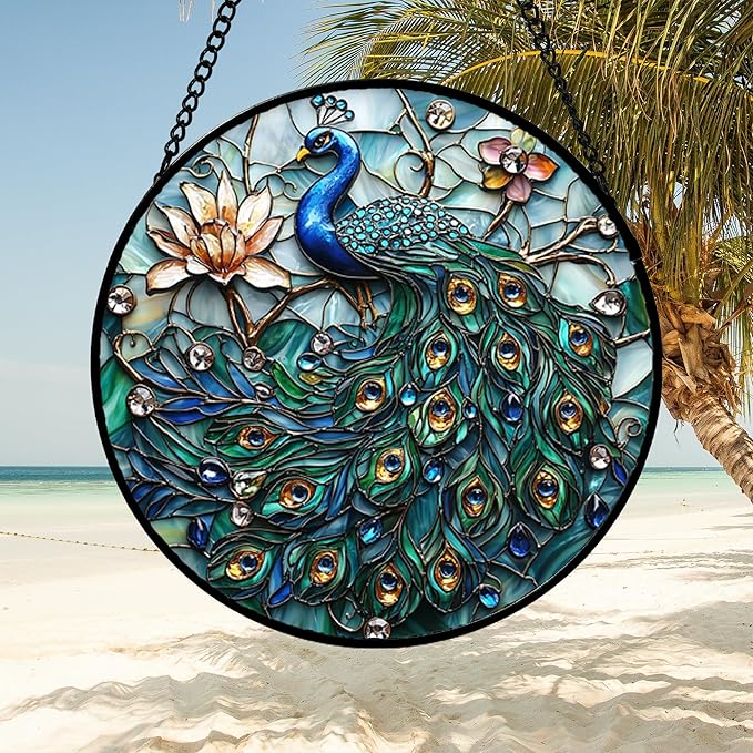 Stained Glass Window Hanging, Blue Peacock Decoration Suncatcher for Door Garden Home Flower Bird Sun Catchers Christmas Mother's Day Birthday Gifts for Women Men Mom Nana Friend 14.9 in