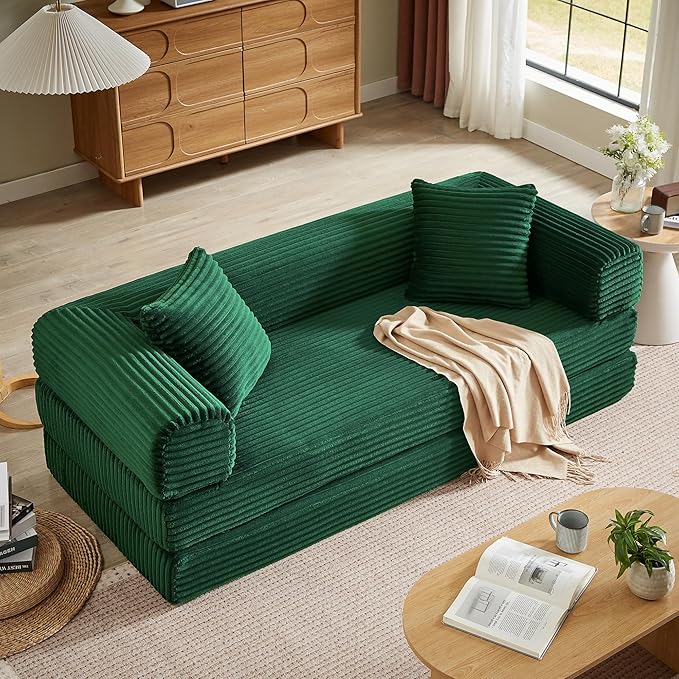 Boneless Couch Sofa Bed Sectional Couches for Living Room,Futon Cloud Couch with Sleeper Sofa,Sofas for Living Room Oversized Corduroy Upholstered (Green)