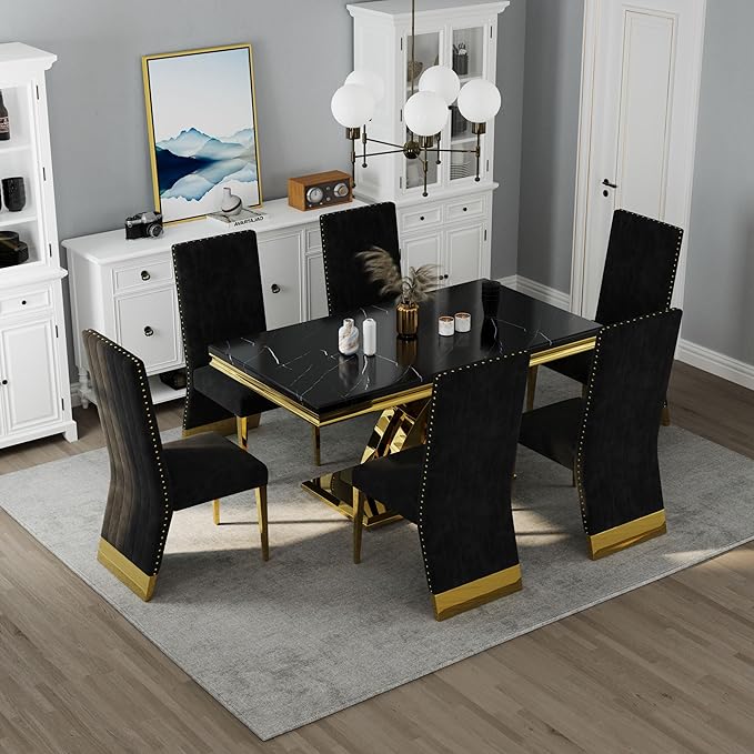 AUZ Black Velvet Dining Chairs Set of 2, Black and Gold Dining Chairs with Nailhead Trim and Polished Gold Legs, Gorgeous Upholstered Kitchen and Dining Room Chairs