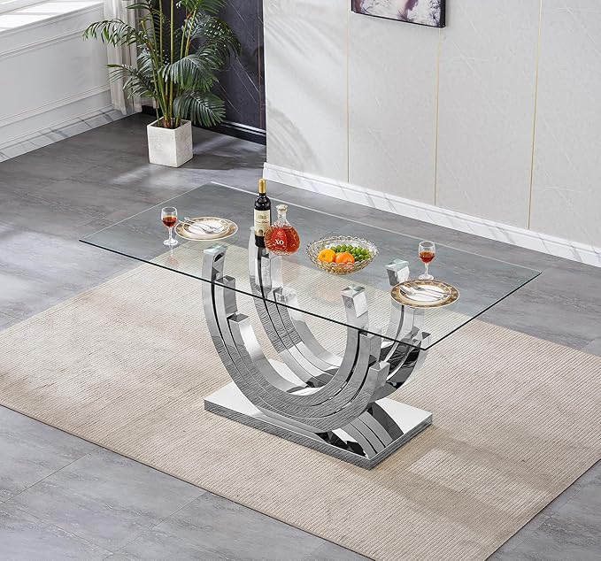 70 ''Glass Dining Table,Rectangle Glass Kitchen Table w/Tempered Glass Tabletop and Stainless Steel Base, Modern Glass Dining Room Table for Home, Kitchen, Dining Room