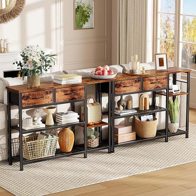 Furnulem 44'' Entryway Table, Industrial Console Sofa Table with Metal Mesh Storage Shelves, Shoe Rack Display Shelf for Front Door, Couch, Kitchen, Fabric Drawers, Rustic Brown