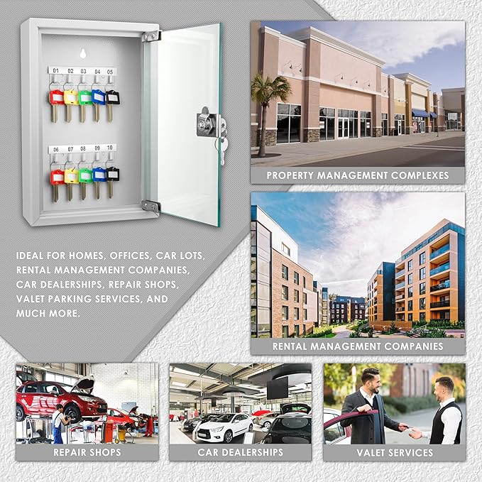 Barska Key Lock Box with Glass Door – Wall Mount Steel Key Cabinet Organizer with Labeled Hooks and Colored Key Tags for Home, Office, Property Management