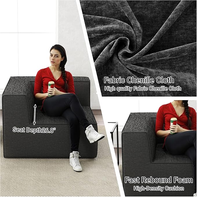 38“ Modular Sectional Sofa Convertible Cube Couch Seat Set, Combine L-Shaped U-Shaped, Free Assembly, Space-Saving for Living Room, Thick Foam Fabric Chenille Dark Grey (Only Corner)