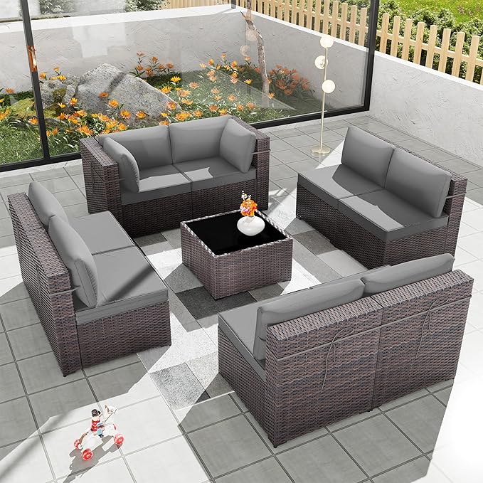Kurapika 9 Pieces Patio Furniture Set, Rattan Wicker Outdoor Conversation Sets w/4 Inch Cushion and Glass Coffee Table(Grey)