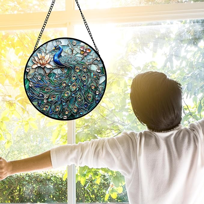 Stained Glass Window Hanging, Blue Peacock Decoration Suncatcher for Door Garden Home Flower Bird Sun Catchers Christmas Mother's Day Birthday Gifts for Women Men Mom Nana Friend 7.8 in