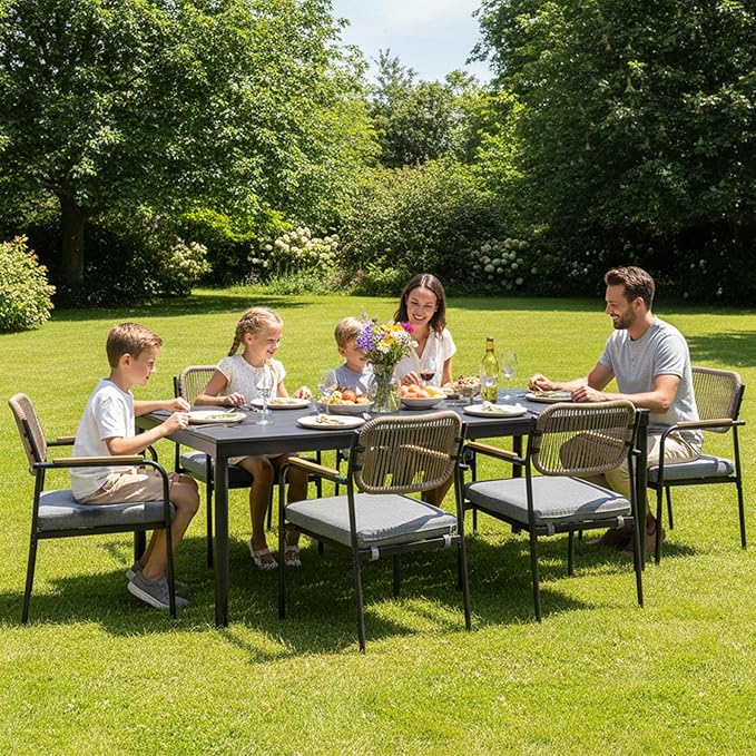 Outdoor Dining Chairs Set of 6, Wicker Patio Dining Chairs with Removable Cushions, Rectangle Patio Table Chair, All Weather Outdoor Chairs, Metal Lawn Chair for Adults/Indoor/Balcony, Gray