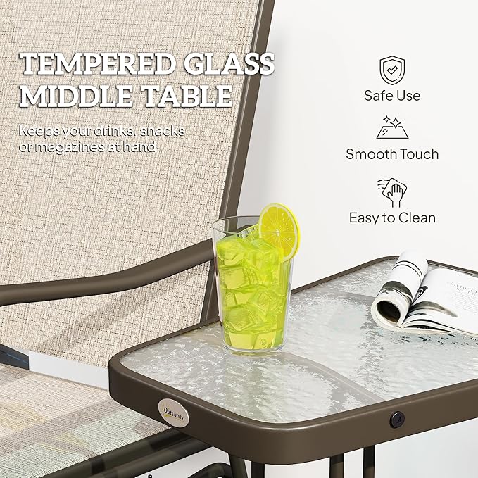 Outsunny Outdoor Glider Chairs with Coffee Table, Patio 2-Seat Rocking Chair Swing Loveseat with Breathable Sling for Backyard, Garden, and Porch, Light Brown