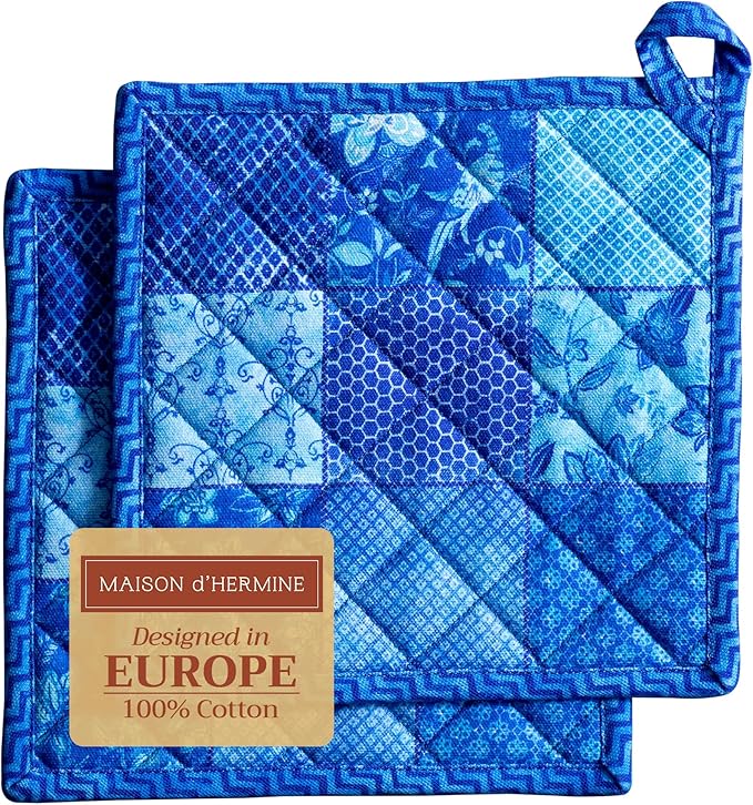 Maison d' Hermine Pot Holders Set 100% Cotton Heat Resistant Potholders 8" x 8" Hot Pads with Loop BBQ, Cooking, Baking, Grilling, Kitchen, Handling Hot Pans Spring/Summer (Pack of 2, Indigo Love)