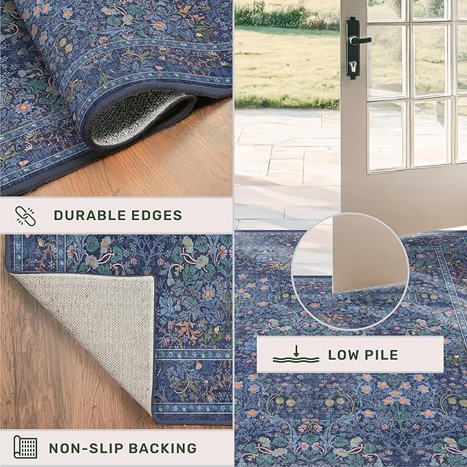 Non Slip 2x6 Dark Blue Kitchen Runner Rug - Long Runner Rugs 24 x 72 Washable Hallway Floor Mat, Bedroom Laundry Room Bathroom Runner - Dusky Navy Vintage Floral Design Décor